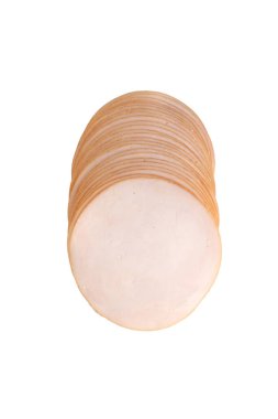 Beyaz arka planda izole edilmiş doğranmış kümes hayvanları eti. Kümes hayvanları, kalın, tütsülenmiş sosis, paket tasarımı için fotoğraf..