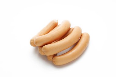 Sosis, sosis, sosisli sandviç, beyaz arka planda izole edilmiş. Yüzüklü sosis, paket tasarımı için fotoğraf, şablon. Geleneksel et ürünü.