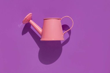 Pastel mor arka plandaki pembe sulama kutusu gölge yaratıcı minimalizm pop sanat kompozisyon fotokopi uzayı ile yatıyordu. Sevgililer Günü afişi asgari düzeyde. Romantik aşk arkaplanı tebrik kartı tasarımı