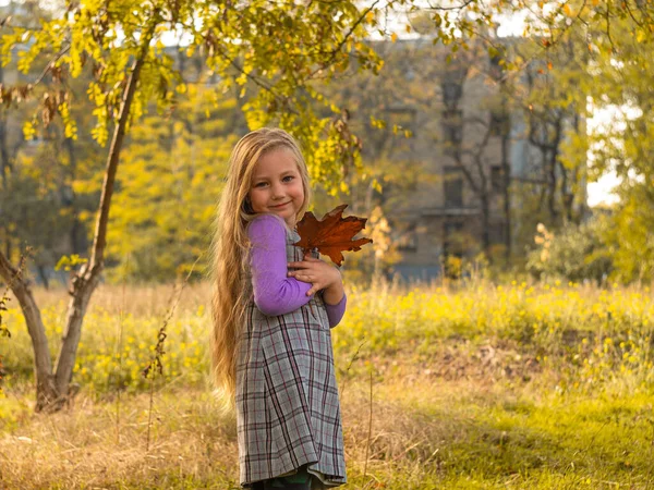 Belle Fille Aux Longs Cheveux Blonds Tient Des Feuilles Jaunes — Photo