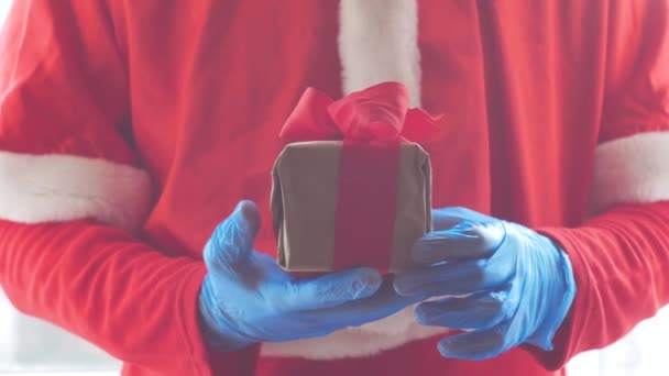 Santa Claus Hold Offers Gift Box Ribbon Bow Hands Protective — Wideo stockowe