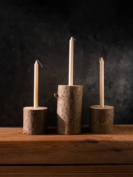 Zero Waste Concept Natural Wooden Stump Candle Holders Brown Table — Stock Photo, Image