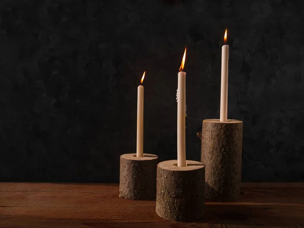 Zero Waste Concept Natural Wooden Stump Candle Holders Brown Table — Stock Photo, Image