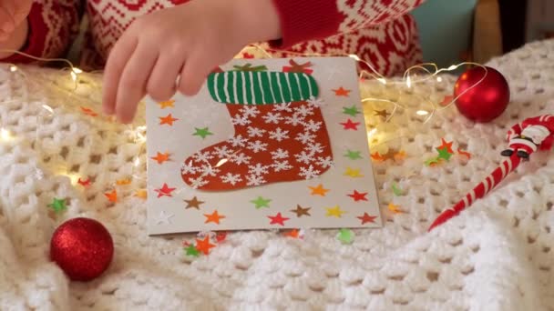 Christmas Sock Handmade Greeting Card Diy Project Colorful Card Red — Stock Video