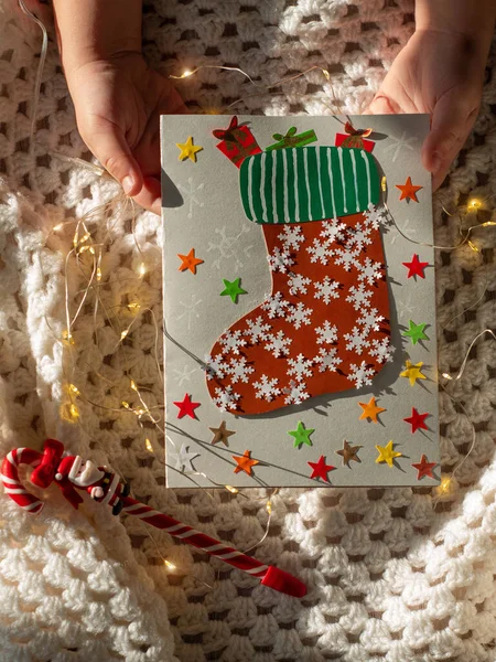 Weihnachtssocken Handgemachte Grußkarte Diy Projekt Bunte Karte Mit Roten Weihnachtsmann — Stockfoto