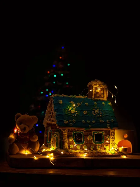 Decorated Homemade Sweet Gingerbread House Soft Bear Glowing Candle Aroma — Stock Photo, Image