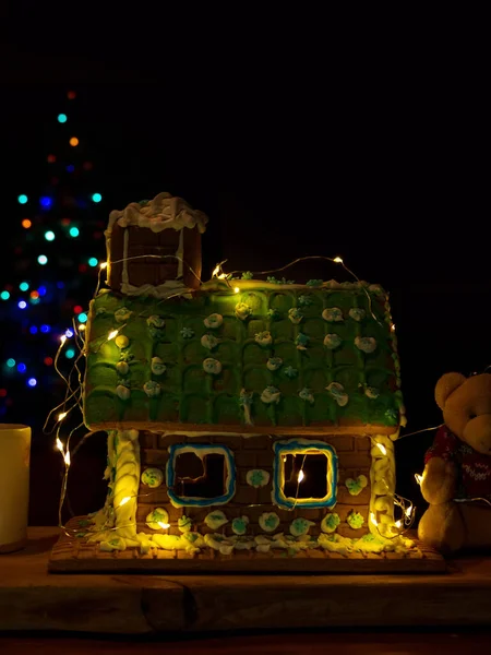 Decorated Homemade Sweet Gingerbread House Soft Bear Glowing Candle Aroma — Stock Photo, Image