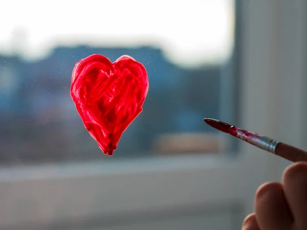 Little Girl Holds Paintbrush Hand Drawing Red Heart Window Glass — Stock Photo, Image