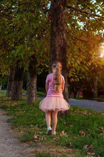 Cheerful Little Girl Long Blonde Hair Pink Tulle Skirt Walking — Stock Photo, Image
