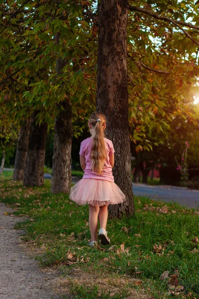 Cheerful Little Girl Long Blonde Hair Pink Tulle Skirt Walking — Stock Photo, Image