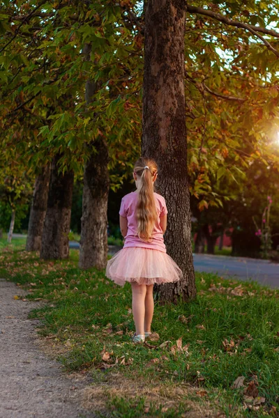 Cheerful Little Girl Long Blonde Hair Pink Tulle Skirt Walking — Stock Photo, Image