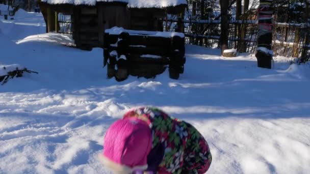Cute Child Wearing Winter Clothes Playing Snow Nature Landscape Ski — Stock Video