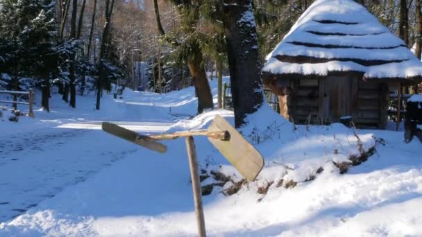 Dekorative Handgefertigte Wetterfahne Der Nähe Von Ländlichen Holzhaus Schneebedeckten Winter — Stockvideo