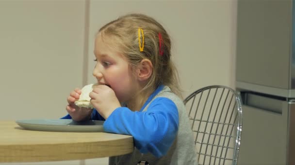 子供は台所で薄いフラットブレッドチーズロールを食べる 幸せな子供が夕食を食べている 自家製の健康的なShawarma食品 ラバシュの伝統的なコーカサスのタンドールパン 柔らかいトルティーヤはタコスのブリトーを包みます — ストック動画