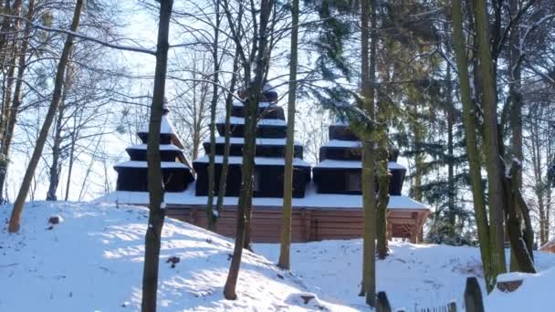 Casa Madera Bosque Montaña Cubierta Nieve Paisaje Natural Estación Esquí — Vídeo de stock