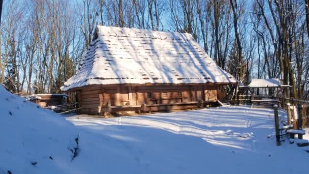 Dřevěný Dům Horách Les Pokrytý Sněhem Přírodní Krajině Rodinný Aktivní — Stock video