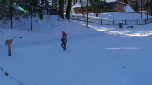 Χαριτωμένο Παιδί Φοράει Χειμωνιάτικα Ρούχα Παίζει Χιόνι Στο Τοπίο Της — Αρχείο Βίντεο
