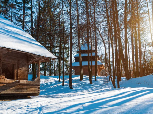 Wooden Vintage Country House Mountains Forest Covered Snow Nature Landscape — Stock Photo, Image