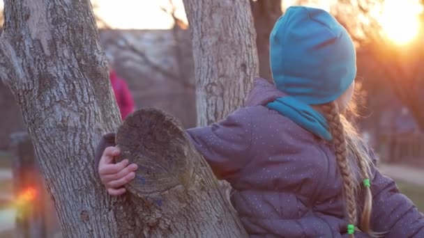 Щаслива Дівчина Довгим Плетеним Портретом Волосся Весняному Парку Сидить Дереві — стокове відео