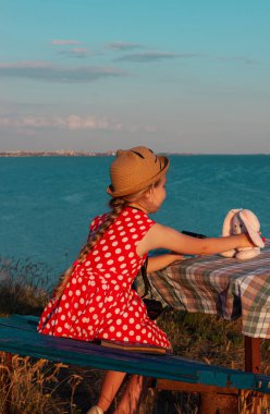 Hasır şapkalı küçük fotoğrafçı çocuk ve klasik bankta kırmızı benekli elbise deniz manzarasında yumuşak pembe tavşan oyuncağının fotoğrafını çekiyor. Kız elindeki kameraya bakıyor. Arkadaşlık eğlence seyahati.