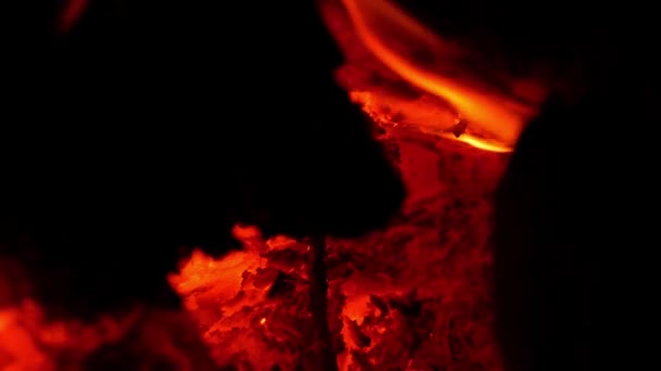 Pálení Dříví Venkovské Troubě Červený Oranžový Plamen Kamen Dřevo Tmě — Stock video