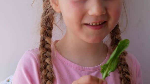 시금치를 어린이는 천연적 식품을 먹는다 잎채소 비타민 유기농 영양가있는 스무디 — 비디오