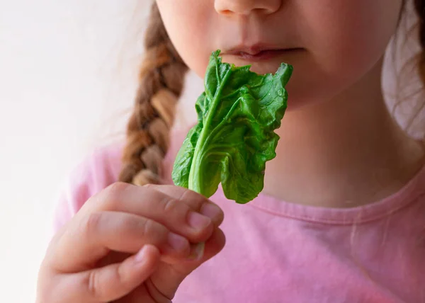 Klein Meisje Met Verse Spinazie Hand Witte Achtergrond Kind Eet — Stockfoto