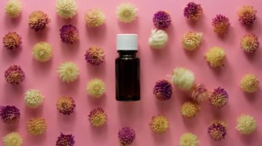 Bitki özlü cam şişenin arka planında pembe çiçekler var. Alternatif tıp cilt bakım spa aroma terapisi, vücut tedavisi, boş güzellik kozmetik ürün şablonu. Masaj yağı, cilt bakımı