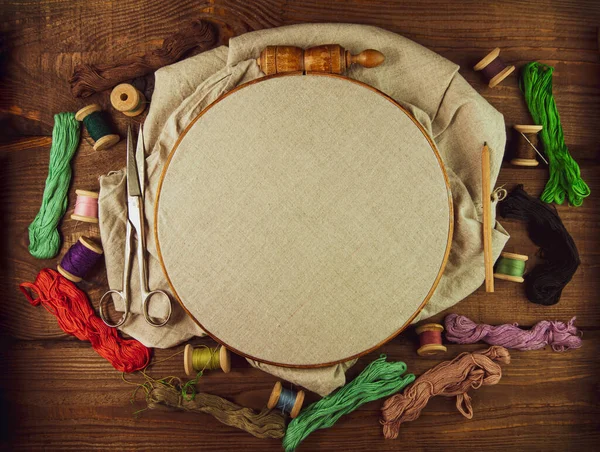 Embroidery needlework background Linen in hoop mockup. Colorful floss thread scissors card tag. Handmade ethnic style clothes making home decor tablecloth. New normal lockdown hobby crafts tutorial.