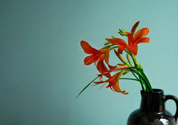 Lirio Tigre Jarrón Cerámica Con Fondo Pared Turquesa Sombra Lilium — Foto de Stock