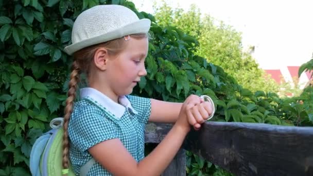 Schulkind Benutzt Smartwatch Outdoor Park Kid Talking Vdeo Call Mit — Stockvideo