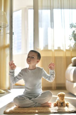 Çocuk evde fiziksel sağlık kültürüyle meşgul. Paspasın üzerinde pelüş oyuncak bir köpekle spor yapmak. Yoga pozunda meditasyon, pencerenin yanında güneş ışınlarıyla..