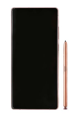  Yalancı bir Stylus 'un yanında siyah bir cep telefonu görüntüsü. Samsung Galaxy Note 20 akıllı telefon bronzu. Arka izole.
