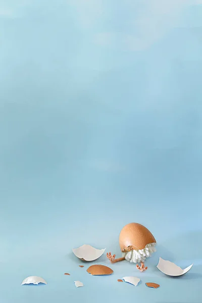 Yavru civciv doğdu ve kafasında deniz kabuğu olan bir yumurtanın yarısı çatladı. Ayakları sıkışmış. — Stok fotoğraf