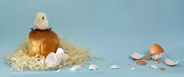 Nascita striscione di polli, nascita di uova. Nel nido sulla pasticceria, la torta pasquale. Su uno sfondo azzurro. — Foto Stock