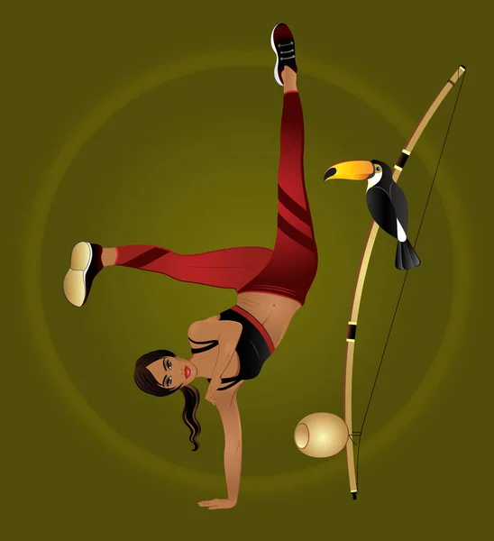 Chica Posando Movimiento Capoeira Berimbau Tucán — Vector de stock