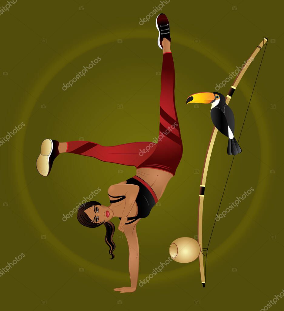 Girl posing in capoeira movement, berimbau and Toucan