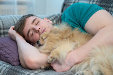 Yakışıklı çocuk, genç adam gözleri kapalı yatıyor, uyuyor, gündüzleri kanepede kestiriyor, güzel küçük köpeğiyle birlikte kanepede uyuyor, omzunda sevimli bir köpek yavrusuyla. Gündüz uykusu.