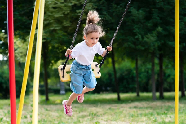 Little Pretty Girl Cute Kid Child Swinging Swing Summer Sunny — Stock Photo, Image