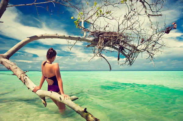 Ragazza vicino a un albero nel mare — Foto Stock