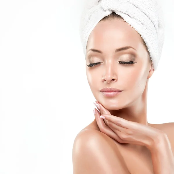 Woman After Bath Touching Her Face — Stock Photo, Image