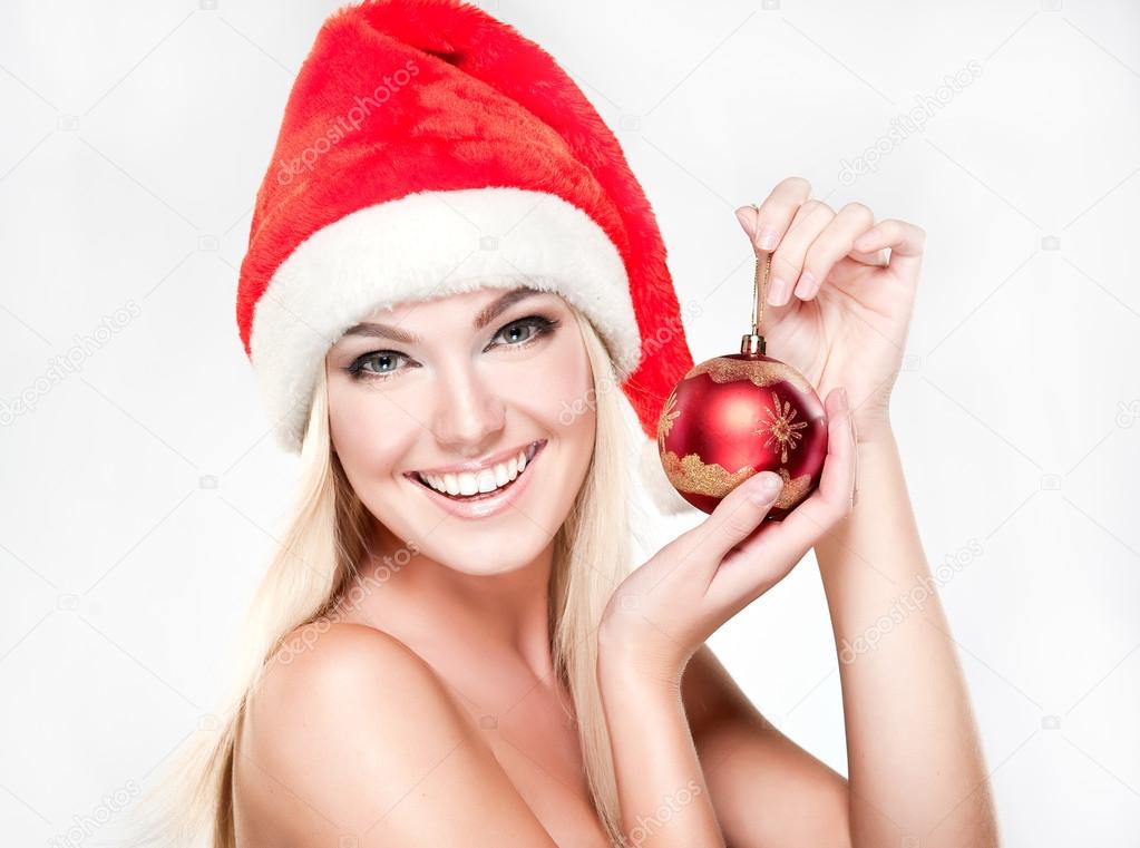 Blonde woman in Santa hat