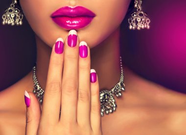 female face with purple manicure clipart
