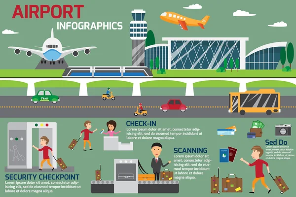 Plantilla de infografías de negocios del aeropuerto y elemento de viaje. vecto — Vector de stock