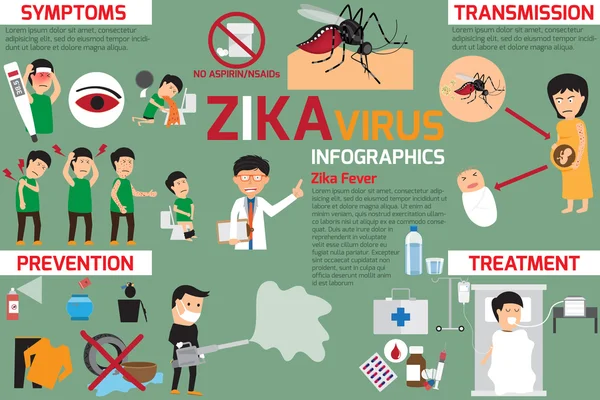 Zika 바이러스 infographic 요소, 전송, 예방. — 스톡 벡터