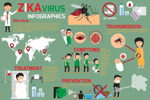 Zika 바이러스 infographic 요소, 전송, 예방. — 스톡 벡터
