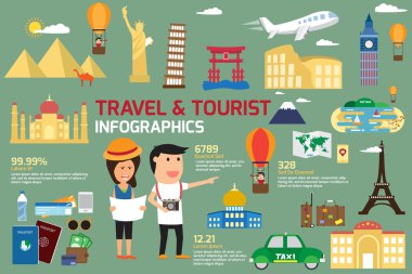 Seyahat ve Turizm Infographic öğeleri ve dünya işareti simgesi.