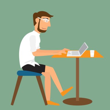 Masanın üstünde Laptop ile çalışan çizgi film adam. vektör çizim