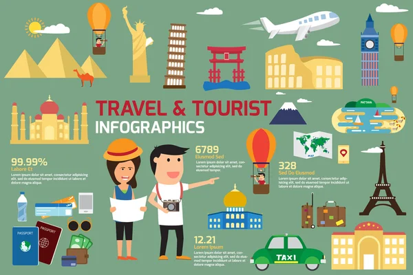 Reizen en toerisme infographic elementen en wereld landmark pictogram. — Stockvector