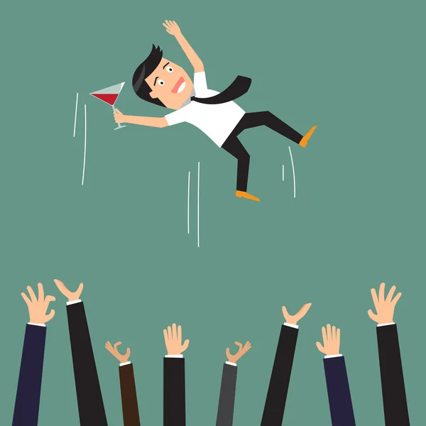 Successful businessman being thrown in the air by his colleagues. — Stock Vector